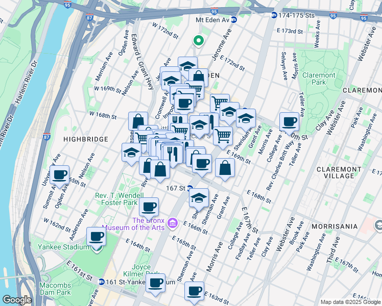 map of restaurants, bars, coffee shops, grocery stores, and more near in The Bronx