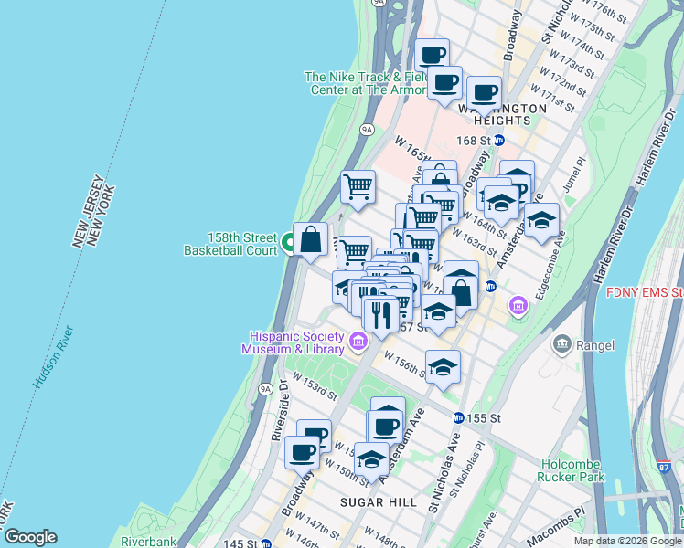 map of restaurants, bars, coffee shops, grocery stores, and more near 839 Riverside Drive in New York
