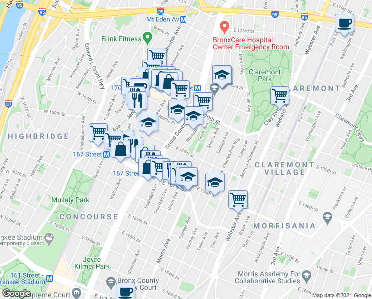 map of restaurants, bars, coffee shops, grocery stores, and more near 233 East 169th Street in Bronx