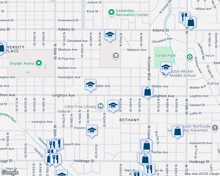 map of restaurants, bars, coffee shops, grocery stores, and more near 2336 North 62nd Street in Lincoln