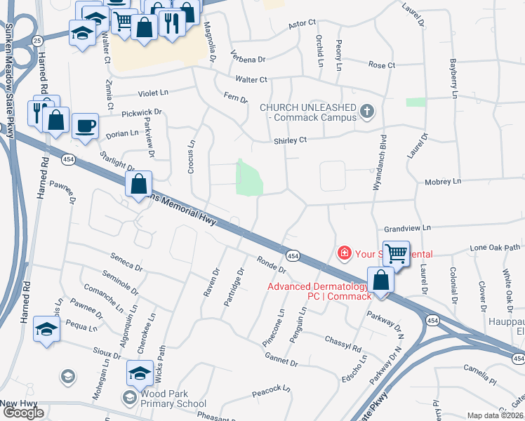 map of restaurants, bars, coffee shops, grocery stores, and more near 58 Valleywood Road in Commack