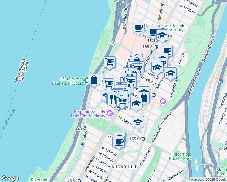 map of restaurants, bars, coffee shops, grocery stores, and more near 834 Riverside Drive in New York