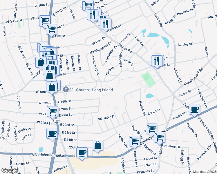 map of restaurants, bars, coffee shops, grocery stores, and more near Ogden Court in Huntington Station