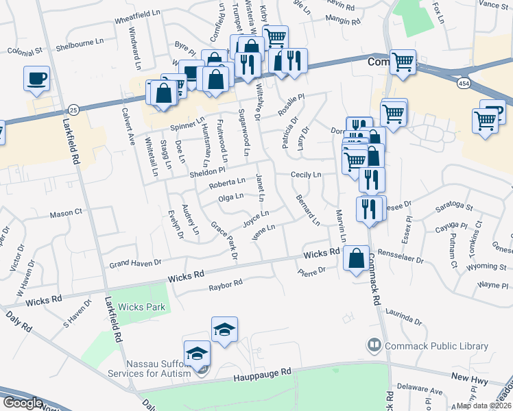 map of restaurants, bars, coffee shops, grocery stores, and more near 4 Romeo Lane in Commack