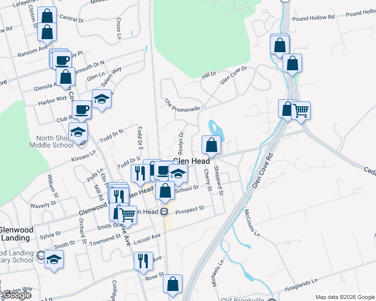 map of restaurants, bars, coffee shops, grocery stores, and more near 18 Roslyn Drive in Glen Head