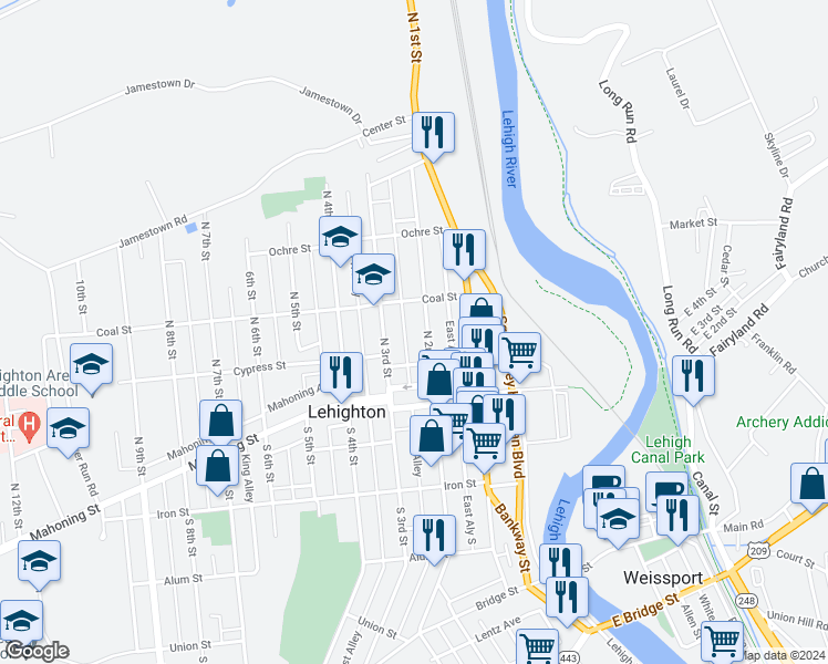 map of restaurants, bars, coffee shops, grocery stores, and more near 228 North 2nd Street in Lehighton