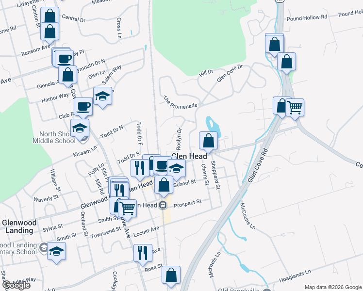 map of restaurants, bars, coffee shops, grocery stores, and more near 18 Roslyn Drive in Glen Head