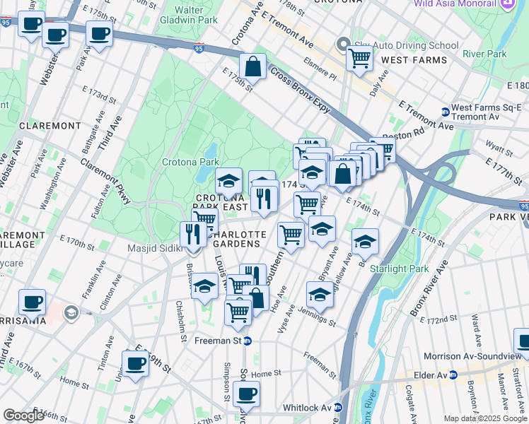 map of restaurants, bars, coffee shops, grocery stores, and more near 1619 Boston Road in The Bronx