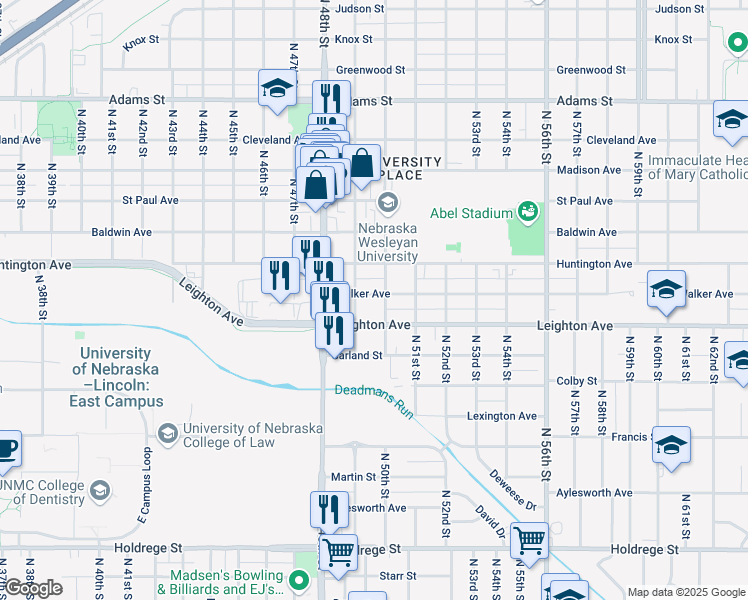 map of restaurants, bars, coffee shops, grocery stores, and more near 5003 Walker Avenue in Lincoln