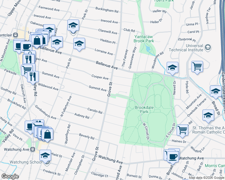 map of restaurants, bars, coffee shops, grocery stores, and more near 451 Grove Street in Montclair