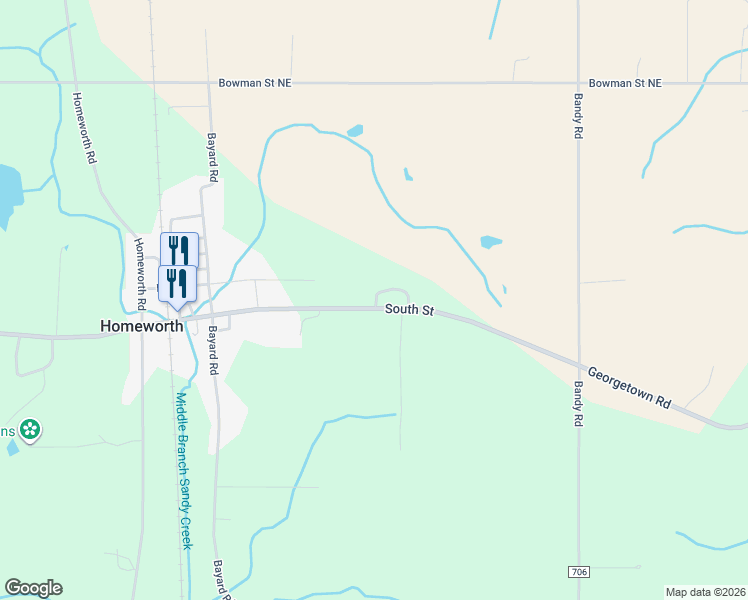 map of restaurants, bars, coffee shops, grocery stores, and more near 23498 Georgetown Road in Homeworth