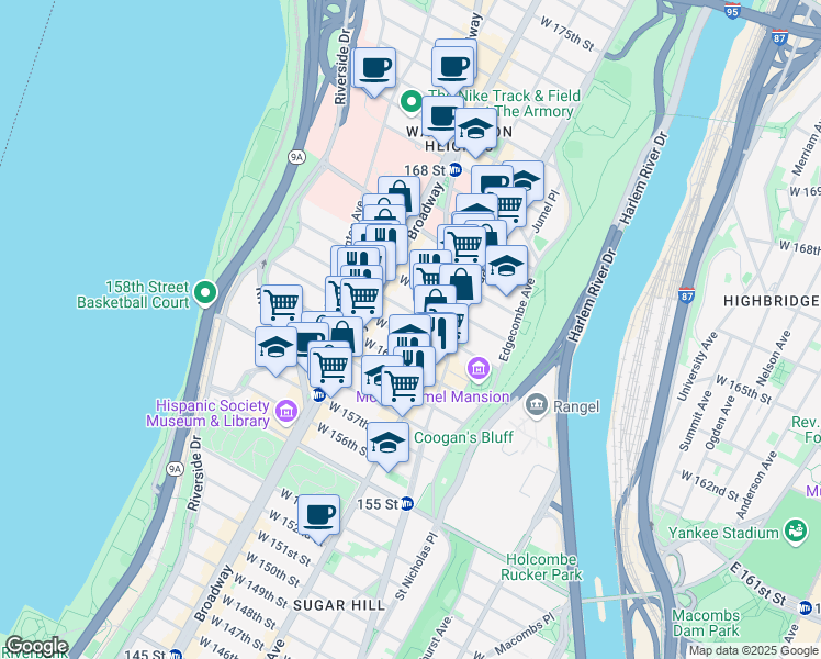 map of restaurants, bars, coffee shops, grocery stores, and more near 517 West 161st Street in New York