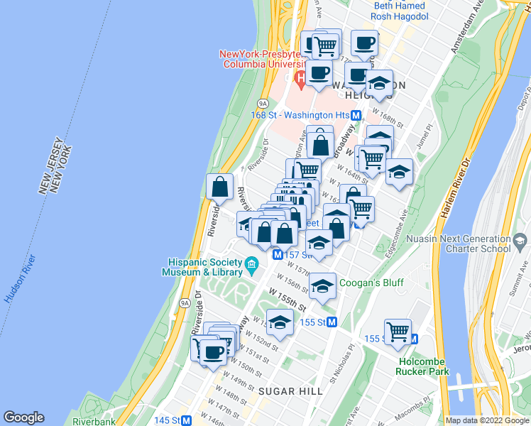 map of restaurants, bars, coffee shops, grocery stores, and more near 834 Riverside Drive in New York