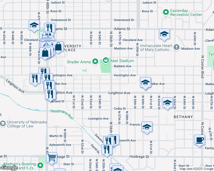 map of restaurants, bars, coffee shops, grocery stores, and more near 5425 Walker Avenue in Lincoln
