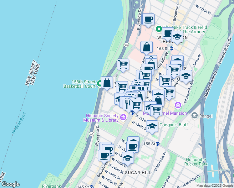 map of restaurants, bars, coffee shops, grocery stores, and more near 845 Riverside Drive in New York