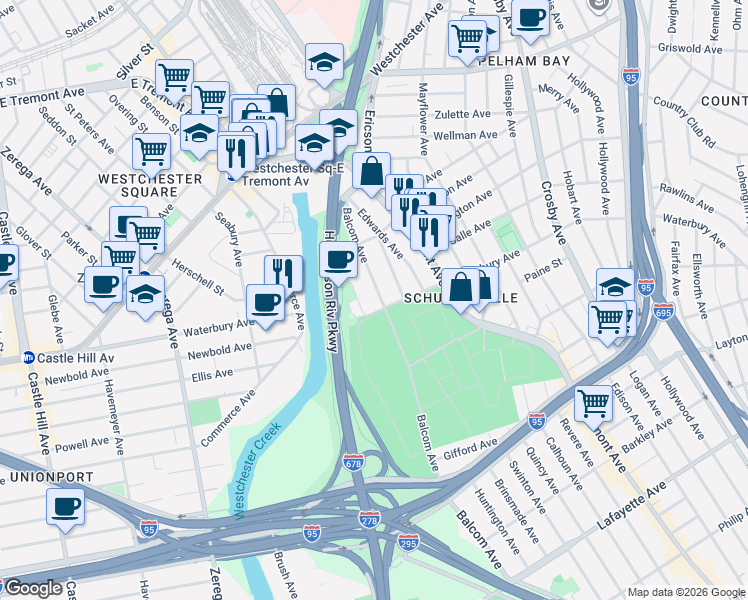 map of restaurants, bars, coffee shops, grocery stores, and more near 1311 Vreeland Avenue in Bronx