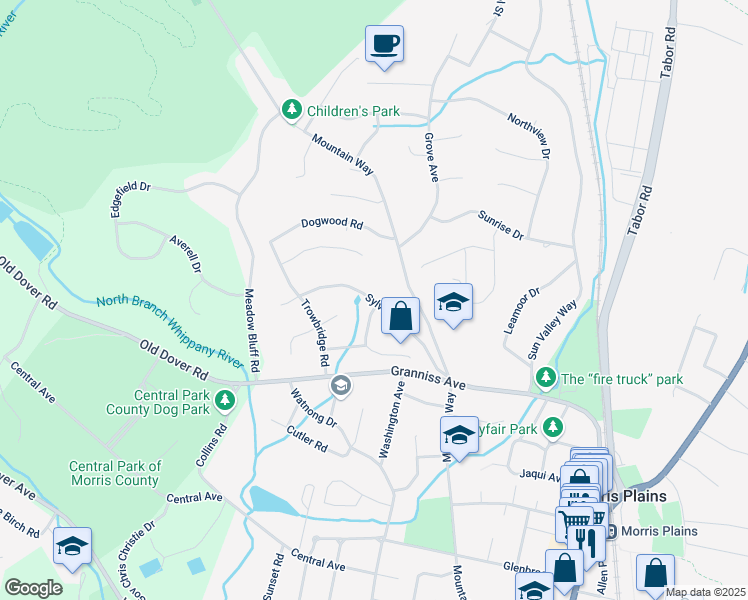 map of restaurants, bars, coffee shops, grocery stores, and more near 50 Sylvan Drive in Morris Plains