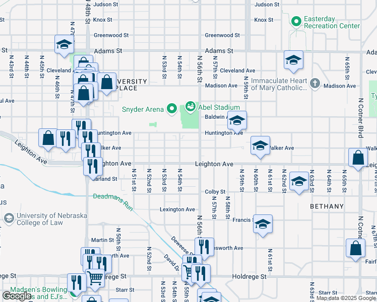 map of restaurants, bars, coffee shops, grocery stores, and more near 5425 Walker Avenue in Lincoln