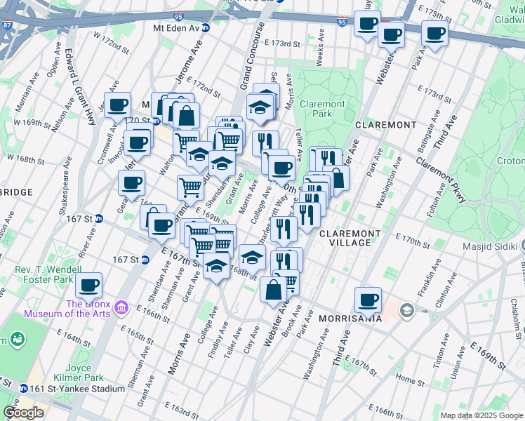 map of restaurants, bars, coffee shops, grocery stores, and more near 1340 College Avenue in The Bronx