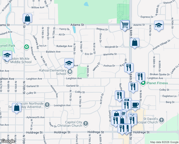 map of restaurants, bars, coffee shops, grocery stores, and more near 2318 N 80th St in Lincoln