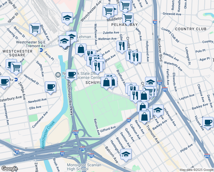 map of restaurants, bars, coffee shops, grocery stores, and more near 3223 East Tremont Avenue in The Bronx