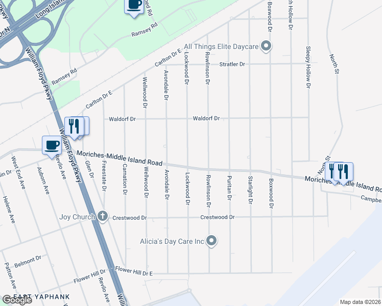 map of restaurants, bars, coffee shops, grocery stores, and more near 440 Lockwood Drive in Shirley
