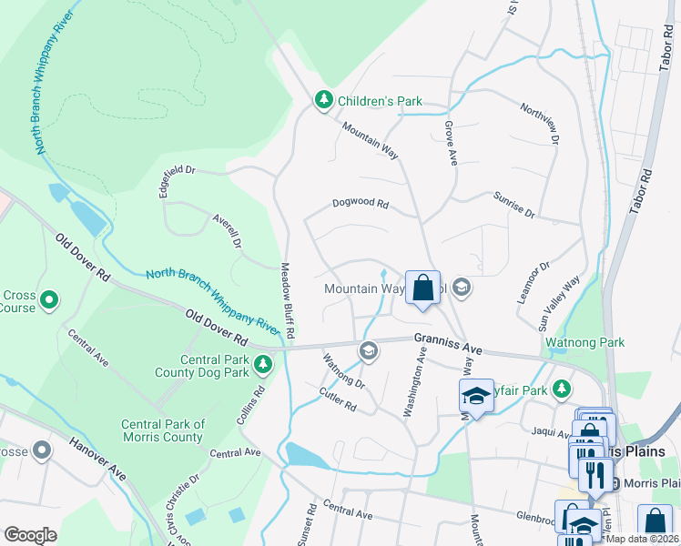 map of restaurants, bars, coffee shops, grocery stores, and more near 84 Sylvan Drive in Morris Plains