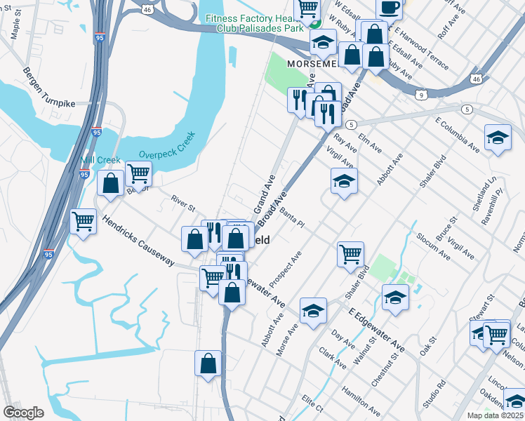 map of restaurants, bars, coffee shops, grocery stores, and more near 581 Grand Avenue in Ridgefield