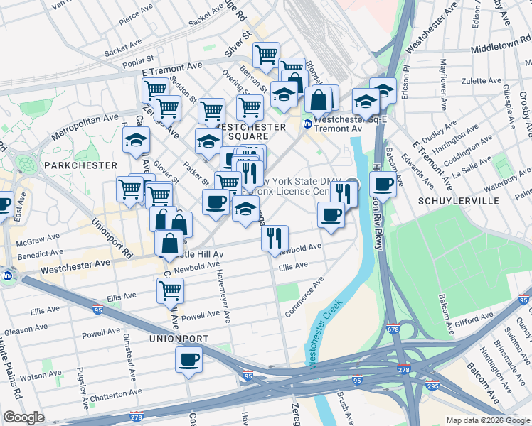 map of restaurants, bars, coffee shops, grocery stores, and more near 2414 Halsey Street in Bronx
