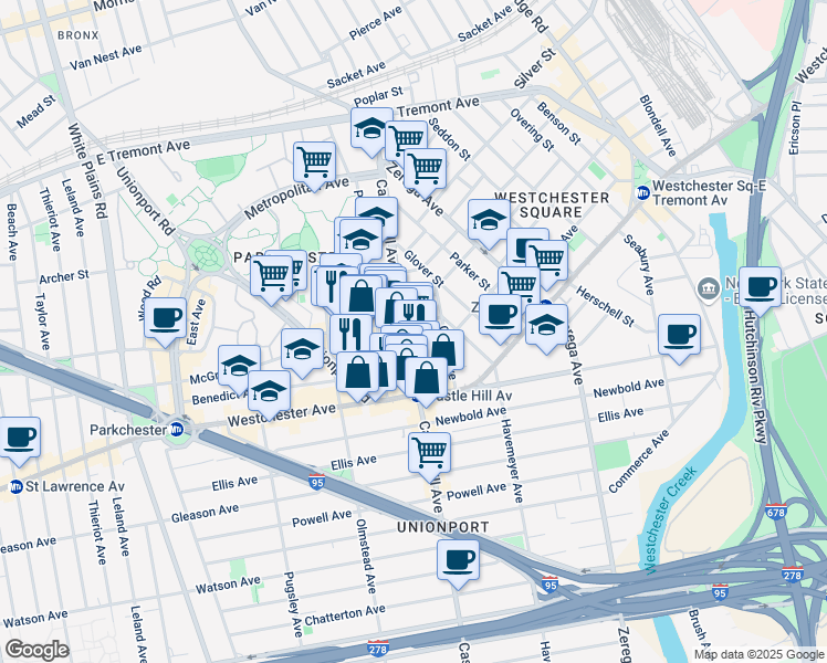 map of restaurants, bars, coffee shops, grocery stores, and more near 1381 Castle Hill Avenue in Bronx