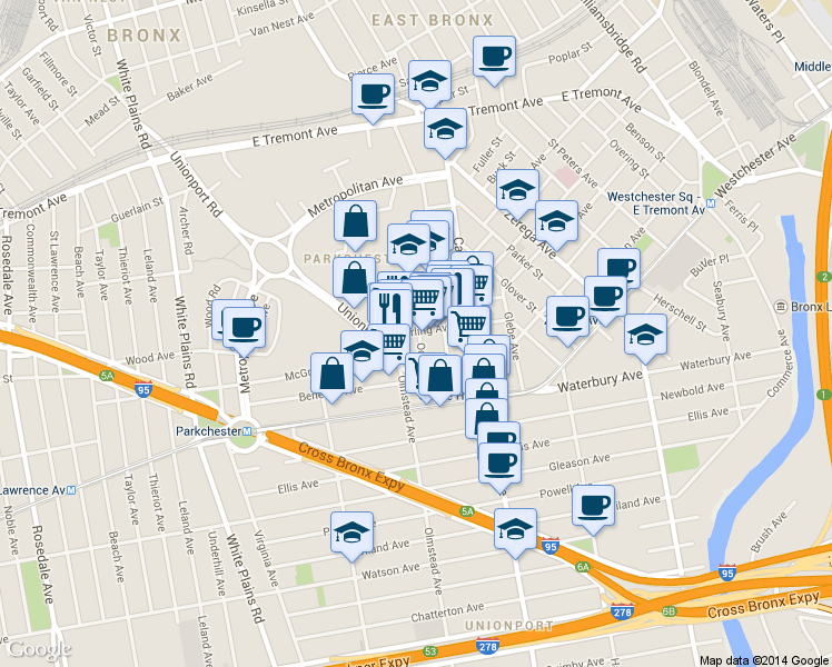 map of restaurants, bars, coffee shops, grocery stores, and more near 2132 Starling Avenue in Bronx