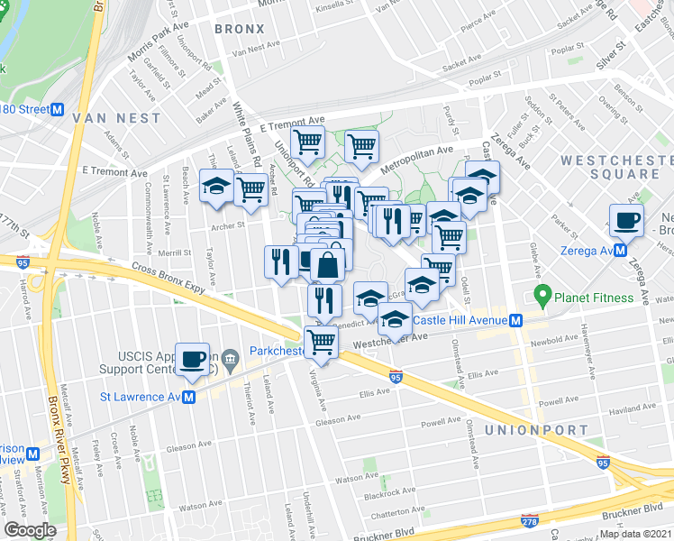 map of restaurants, bars, coffee shops, grocery stores, and more near 1448 East Avenue in Bronx