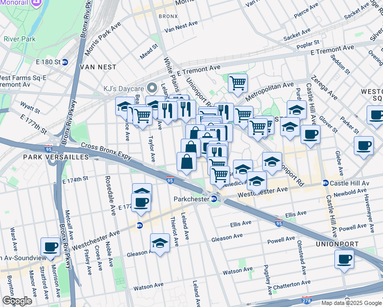map of restaurants, bars, coffee shops, grocery stores, and more near 1410 White Plains Road in The Bronx