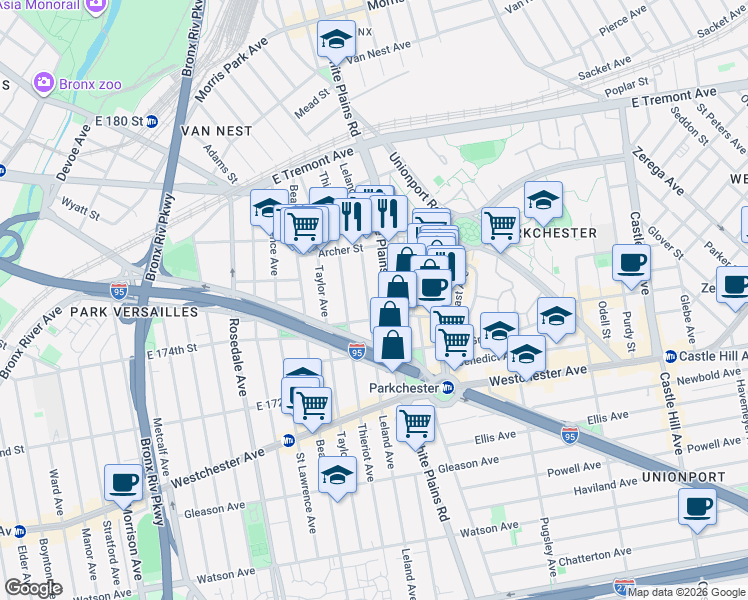 map of restaurants, bars, coffee shops, grocery stores, and more near 1417 Leland Avenue in The Bronx