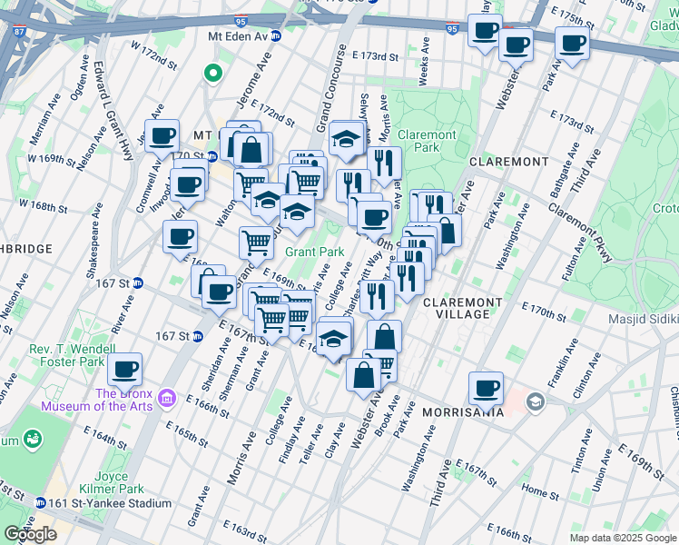 map of restaurants, bars, coffee shops, grocery stores, and more near 1340 College Avenue in Bronx