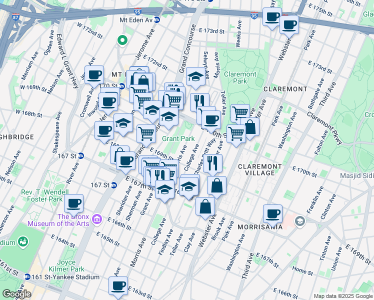 map of restaurants, bars, coffee shops, grocery stores, and more near 1315 Morris Avenue in Bronx