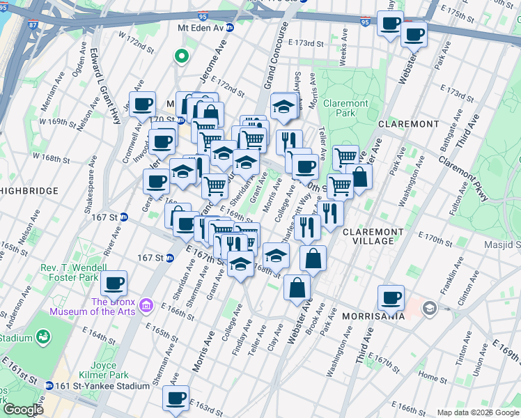 map of restaurants, bars, coffee shops, grocery stores, and more near 1315 Morris Avenue in Bronx