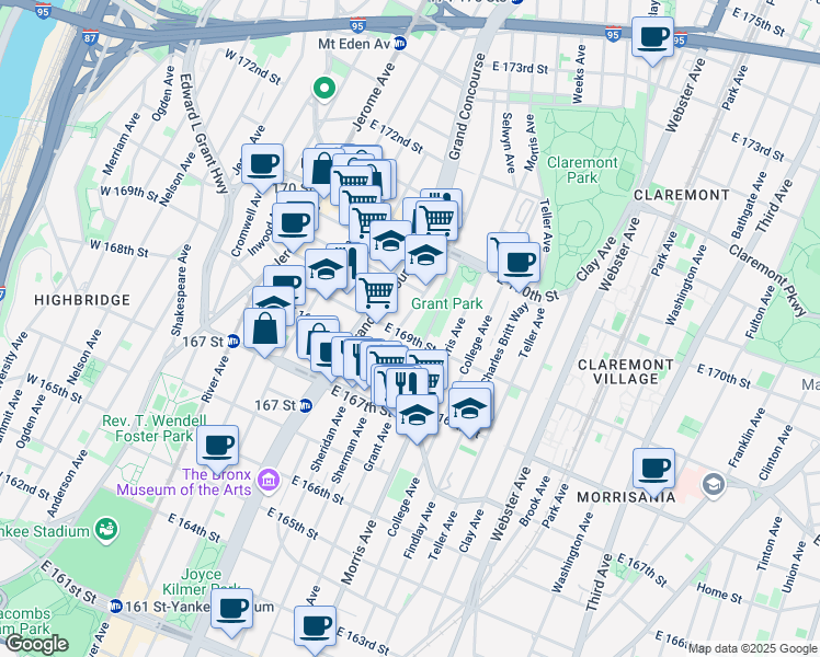 map of restaurants, bars, coffee shops, grocery stores, and more near 233 East 169th Street in Bronx