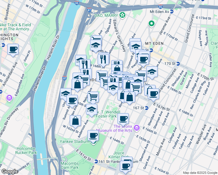 map of restaurants, bars, coffee shops, grocery stores, and more near 36 West 167th Street in Bronx