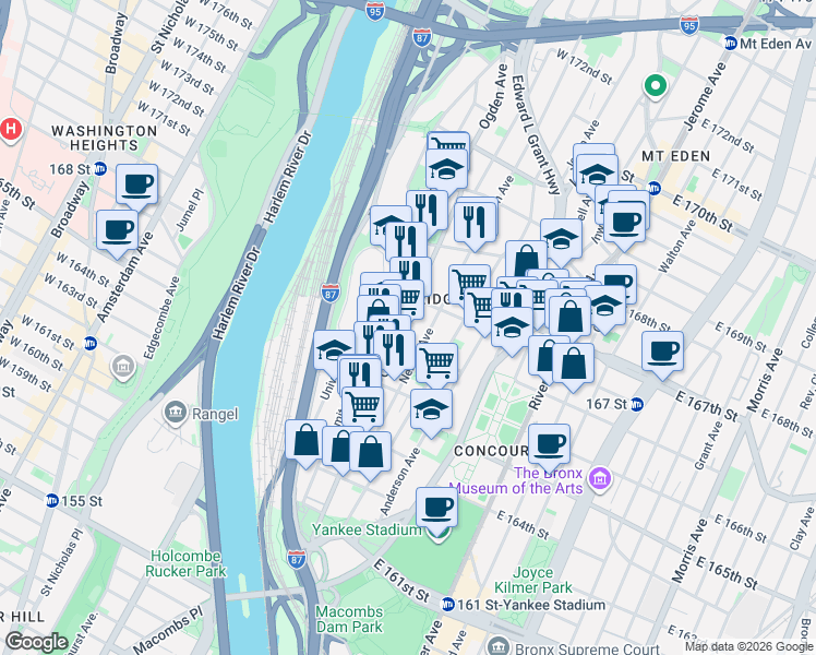 map of restaurants, bars, coffee shops, grocery stores, and more near 1112 Ogden Avenue in The Bronx