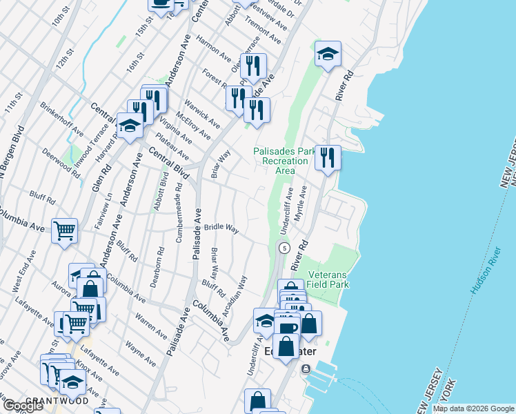 map of restaurants, bars, coffee shops, grocery stores, and more near 3 Crescent Way in Fort Lee