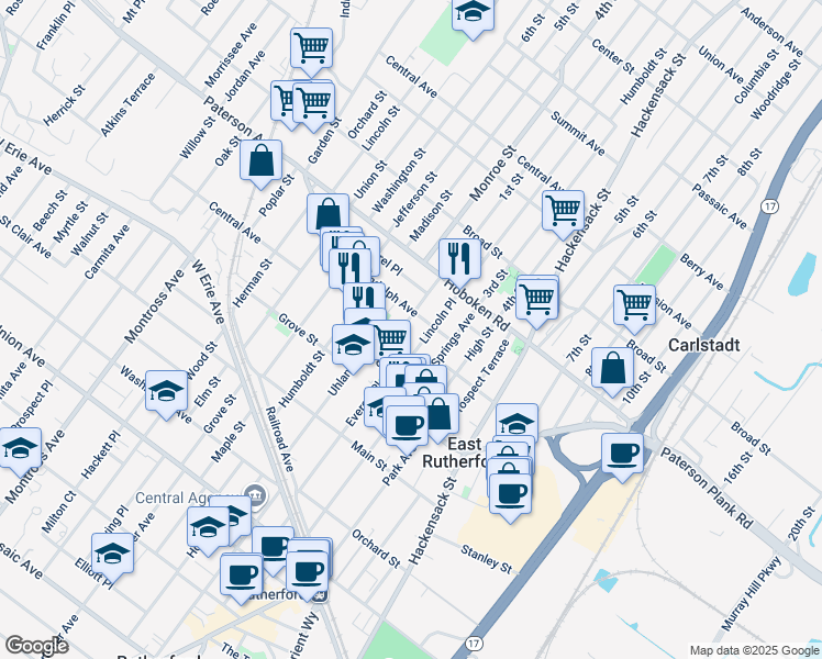 map of restaurants, bars, coffee shops, grocery stores, and more near 47 Lincoln Place in East Rutherford