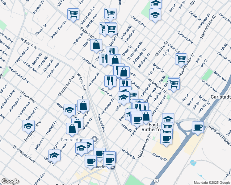 map of restaurants, bars, coffee shops, grocery stores, and more near 88 Humboldt Street in East Rutherford