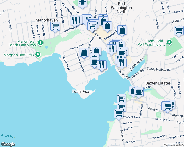 map of restaurants, bars, coffee shops, grocery stores, and more near 40 Matinicock Avenue in Port Washington