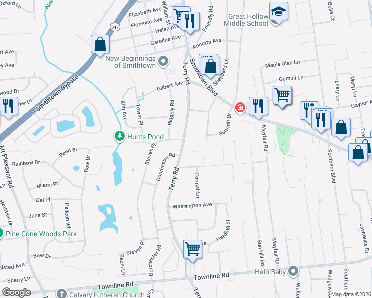 map of restaurants, bars, coffee shops, grocery stores, and more near 287 Terry Road in Smithtown