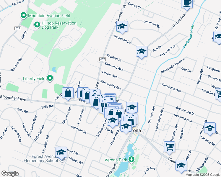 map of restaurants, bars, coffee shops, grocery stores, and more near 79 Personette Avenue in Verona