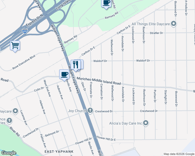 map of restaurants, bars, coffee shops, grocery stores, and more near 85 Moriches-Middle Island Road in Shirley