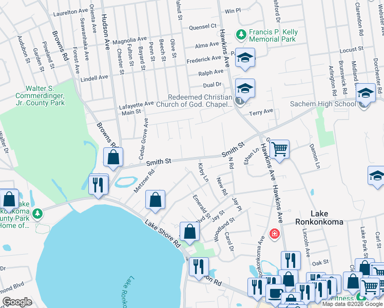 map of restaurants, bars, coffee shops, grocery stores, and more near 69 Smith Street in Lake Grove