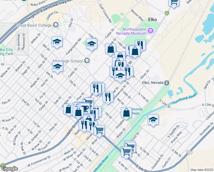 map of restaurants, bars, coffee shops, grocery stores, and more near 913 Idaho St in Elko