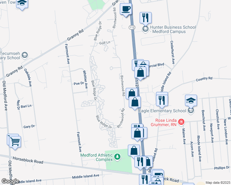 map of restaurants, bars, coffee shops, grocery stores, and more near 343 Birchwood Road in Medford